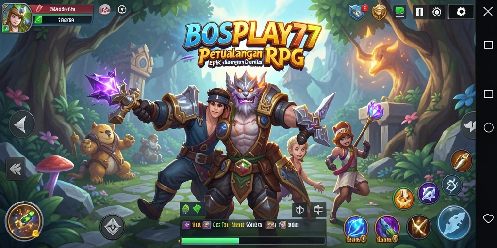 Screenshot gameplay RPG BOSPLAY77 menampilkan pertarungan seru dan karakter dinamis.