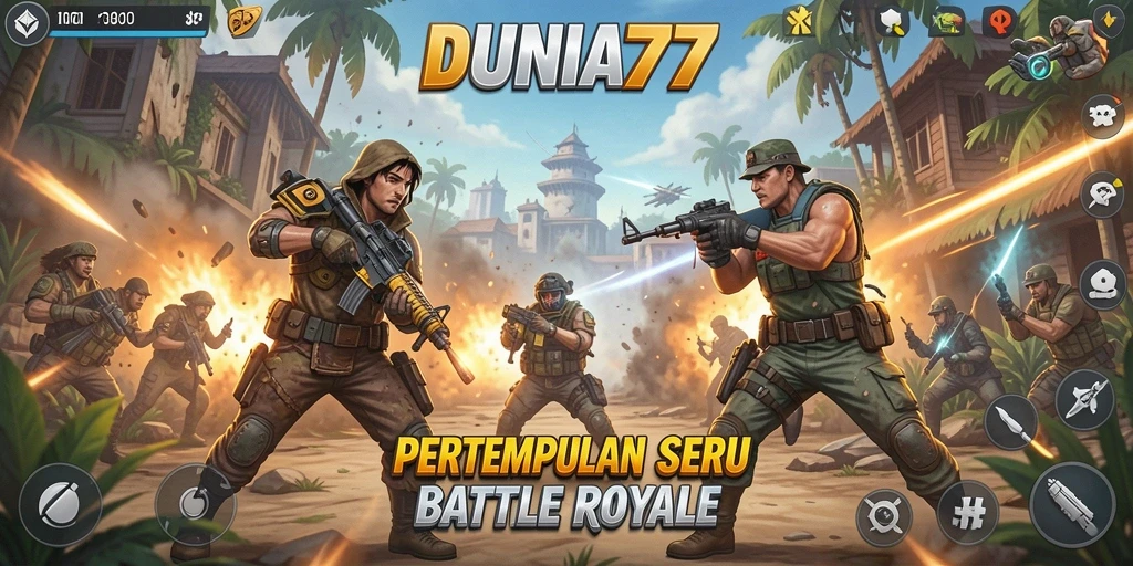 Screenshot DUNIA77 menampilkan aksi seru dalam pertempuran Battle Royale.