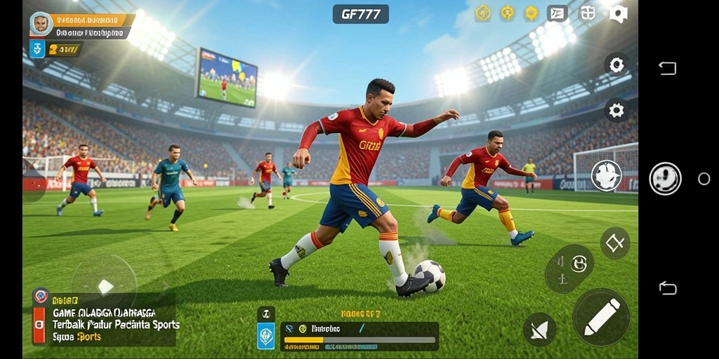 Tangkapan layar utama GF777 menunjukkan aksi intens di lapangan olahraga.
