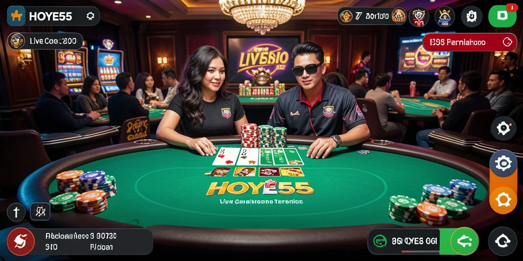 Screenshot menampilkan dealer langsung dan suasana kasino yang hidup.