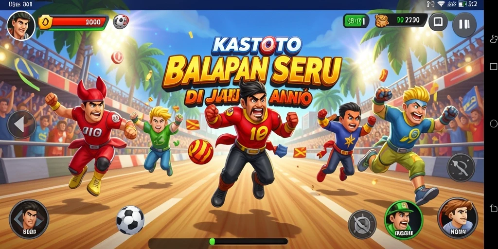 Screenshot gameplay KASTOTO menampilkan balapan yang mendebarkan dan mobil yang beragam.