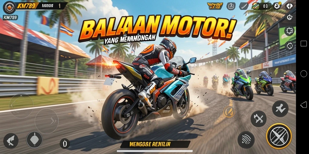 Screenshot gameplay KM789 menampilkan aksi balapan motor yang seru.