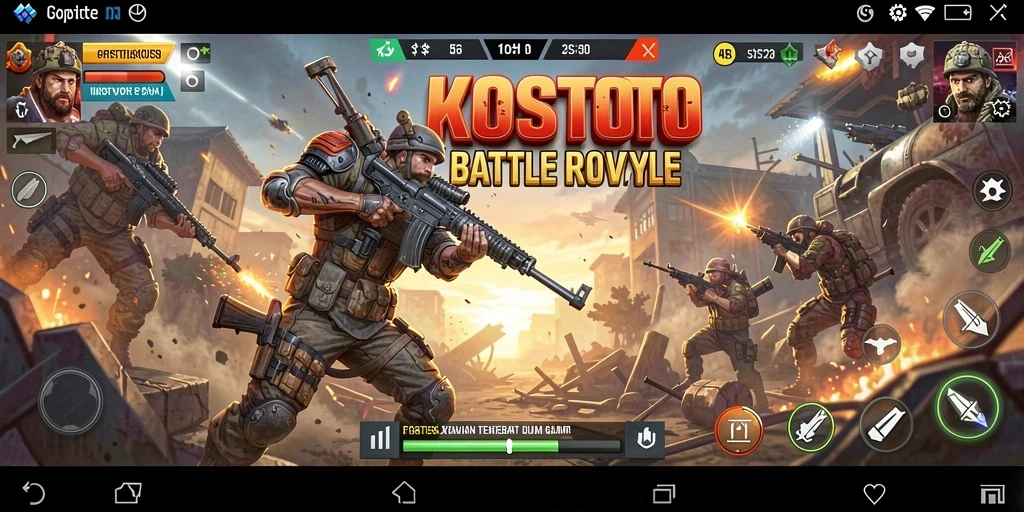 Screenshot KOSTOTO menampilkan aksi intens dalam pertempuran Battle Royale.