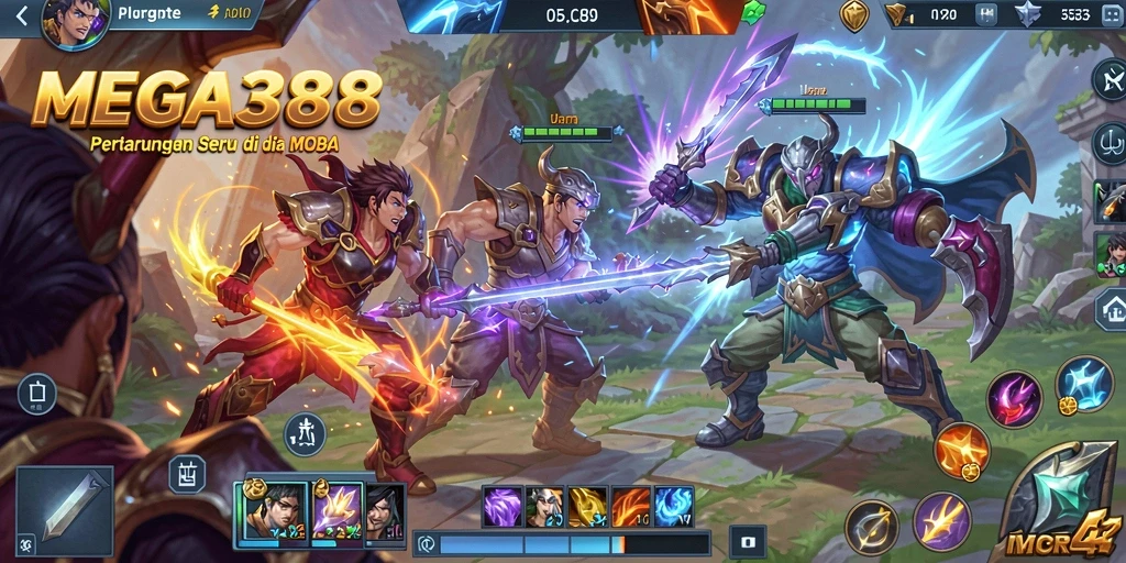 Tangkapan layar utama MEGA388 menunjukkan aksi pertarungan seru dalam permainan MOBA.