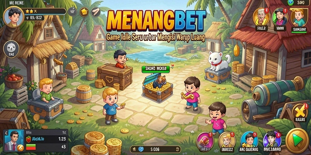 Screenshot MENANGBET menampilkan karakter dalam aksi dan penghasilan otomatis yang menarik.