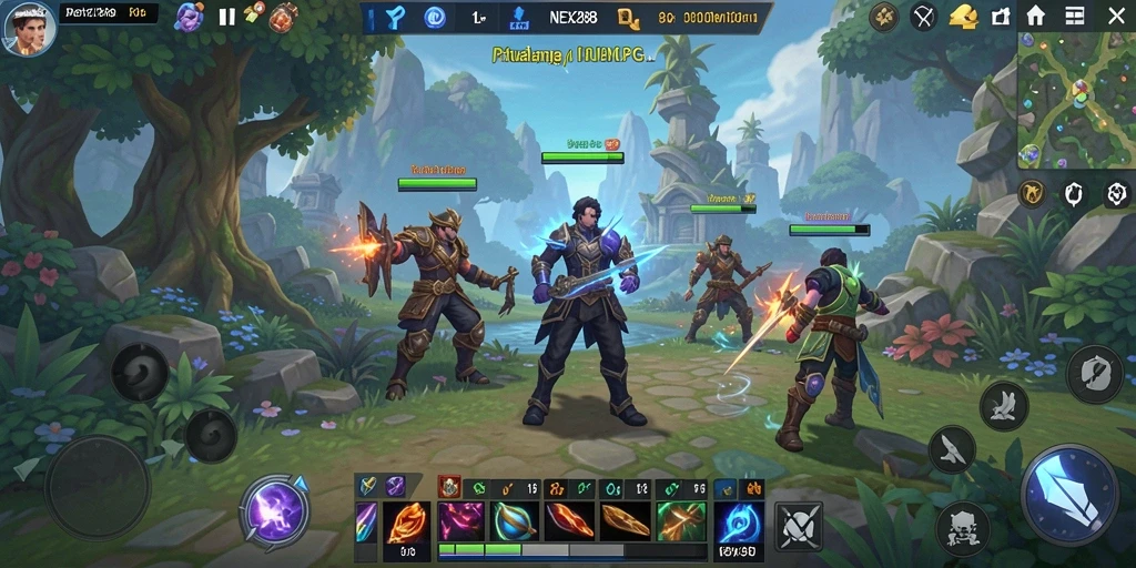 Screenshot gameplay NEX288 menampilkan aksi seru dalam pertempuran MMORPG.
