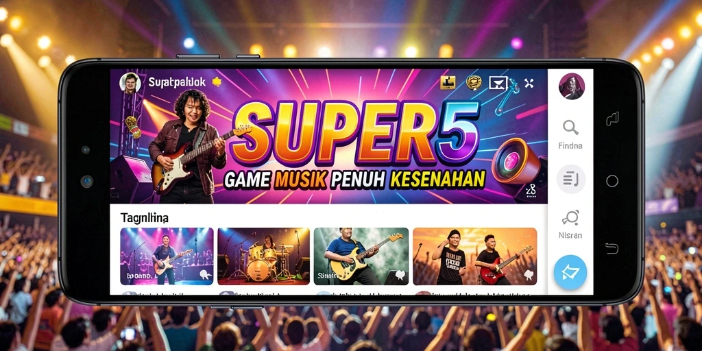 Screenshot game SUPER5 menampilkan pengalaman bermain musik yang interaktif.